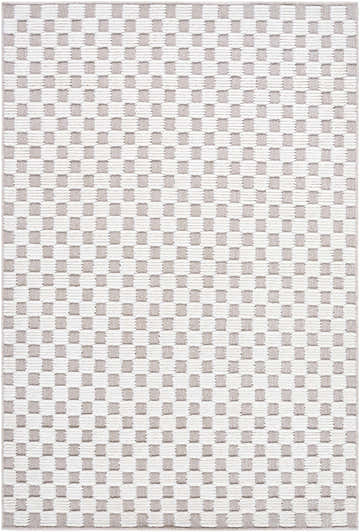 Close-up of the Anthea Light Gray Washable Area Rug featuring a woven square pattern in light gray and white. Design-Rectangle-57