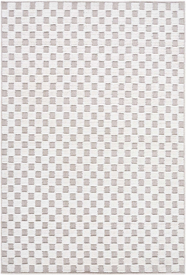 Close-up of the Anthea Light Gray Washable Area Rug featuring a woven square pattern in light gray and white. Design-Rectangle-57