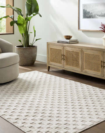 Living room scene with a light gray Anthea Washable Area Rug, beige swivel chair, and wood media cabinet. Roomscene-Rectangle
