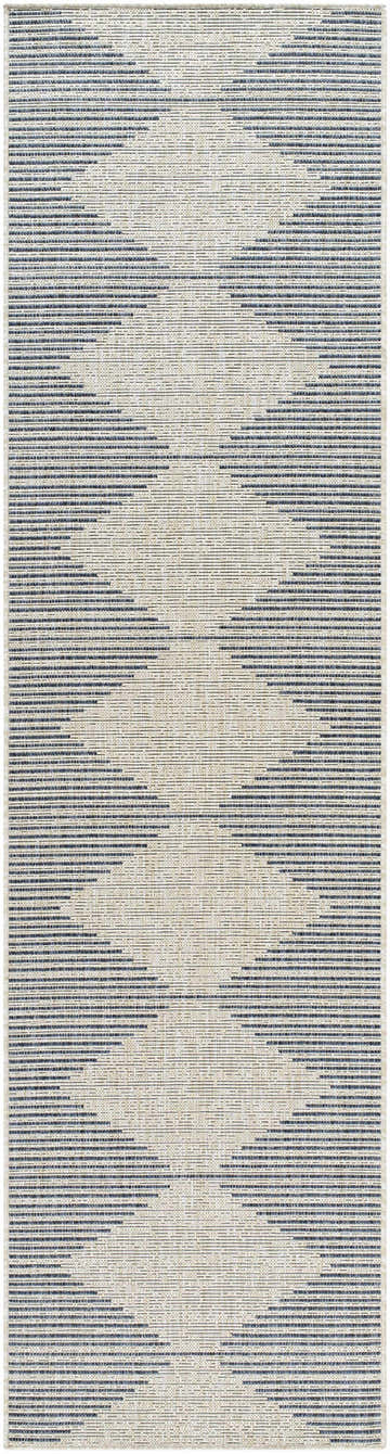 Close-up of the Stephan Blue & Gray Outdoor Rug featuring a linear geometric pattern and woven texture. Design-Runner-2710