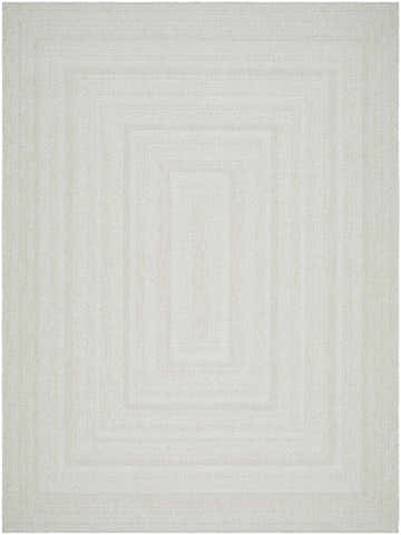 Close-up of the Avalos White Area Rug. Light silver and gray rug with a rectangular, farmhouse-style, woven pattern. Design-Rectangle-537