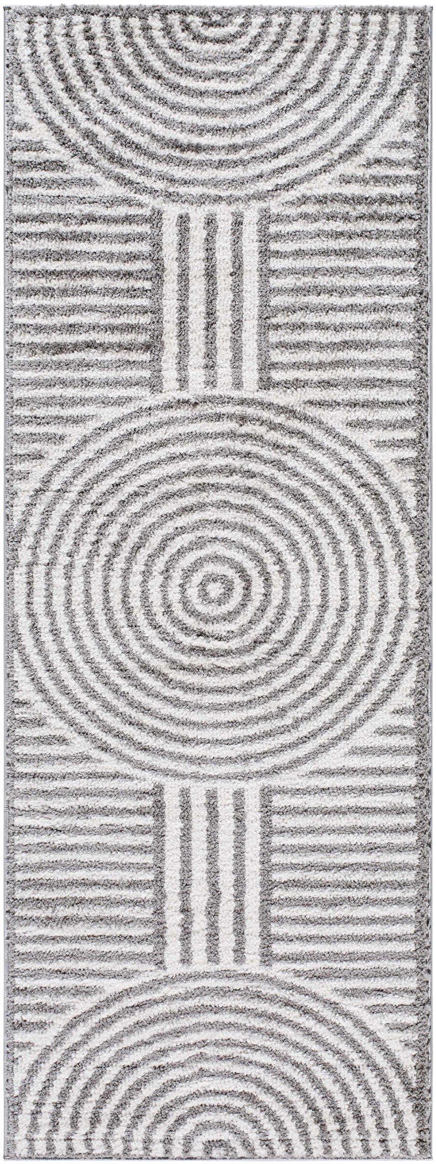 Close-up of Allard Charcoal Washable Area Rug, featuring a contemporary geometric pattern of circles and lines. Design-Runner-2773