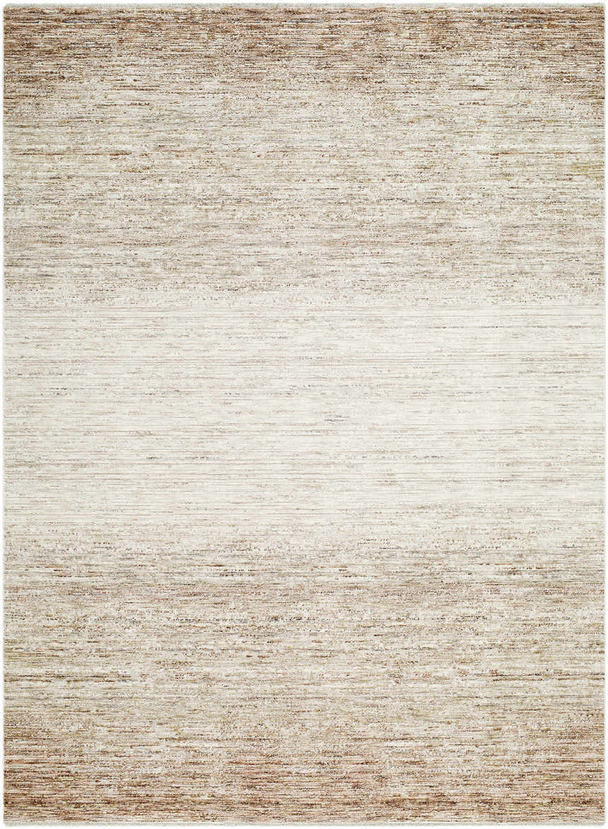 Close-up of the Amaury Area Rug. Farmhouse style rug in cream, dark brown, and medium gray with a subtle horizontal pattern. Design-Rectangle-576