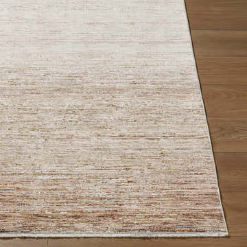 Close up of the cream, brown, and gray textured Amaury Area Rug on wood flooring. Front
