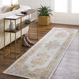 Living room scene with a beige Hillcrest Area Rug runner, console table, and neutral decor. Roomscene-Runner