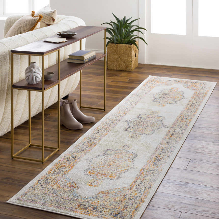 Living room scene with a beige Hillcrest Area Rug runner, console table, and neutral decor. Roomscene-Runner