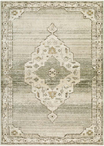 Close-up of the Havard Olive Area Rug, featuring a traditional, farmhouse pattern in neutral and olive green tones. Design-Rectangle-679