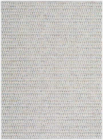 Close-up of the Ataret Ivory Area Rug showing its woven texture and subtle charcoal, blue, and tan colors. Design-Rectangle-537