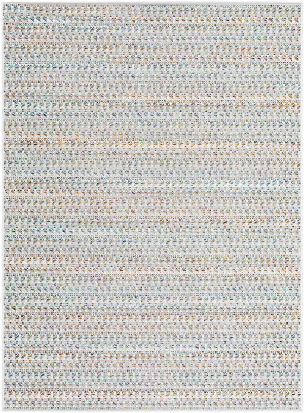 Close-up of the Ataret Ivory Area Rug showing its woven texture and subtle charcoal, blue, and tan colors. Design-Rectangle-537
