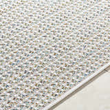 Close-up of the Ataret Ivory Area Rug. Features a woven texture with ivory, tan, blue, and gray hues. Texture