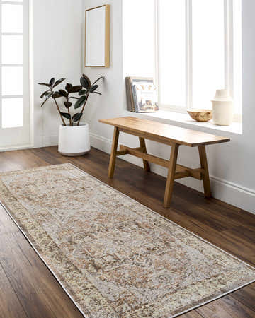 Entryway with Hera Washable Area Rug in ash, beige, and warm gray. Farmhouse style with wood bench and dark wood floors. Roomscene-Runner