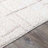 Close up of the plush texture and subtle grid pattern of the Andia Cream and White shag rug. Pile