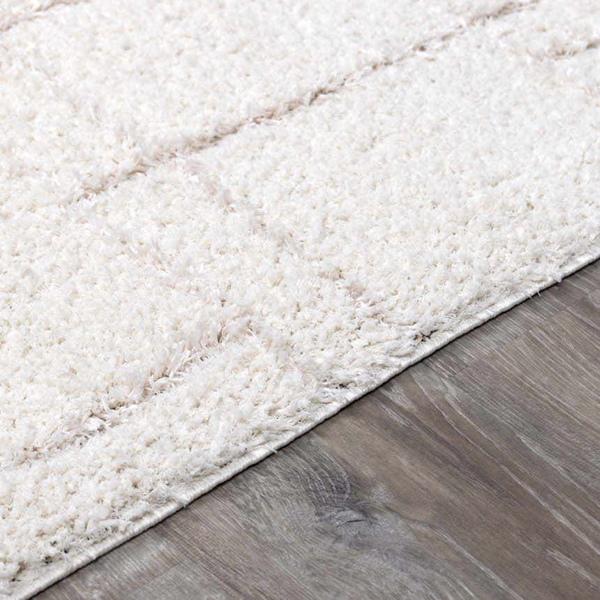Close up of the plush texture and subtle grid pattern of the Andia Cream and White shag rug. Pile