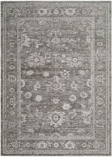 Close-up of the Haruna Area Rug, a machine-woven, rectangular rug with a traditional gray floral pattern and farmhouse style. Design-Rectangle-679