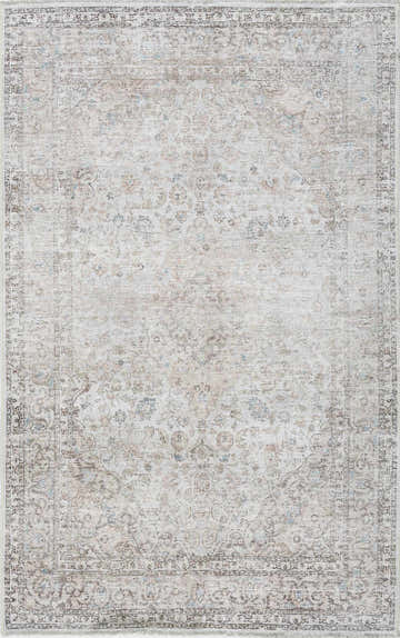 Close-up of the Cream Holi-2301 Washable Area Rug. Features a traditional floral pattern in beige, cream, peach, and slate tones. Design-Rectangle