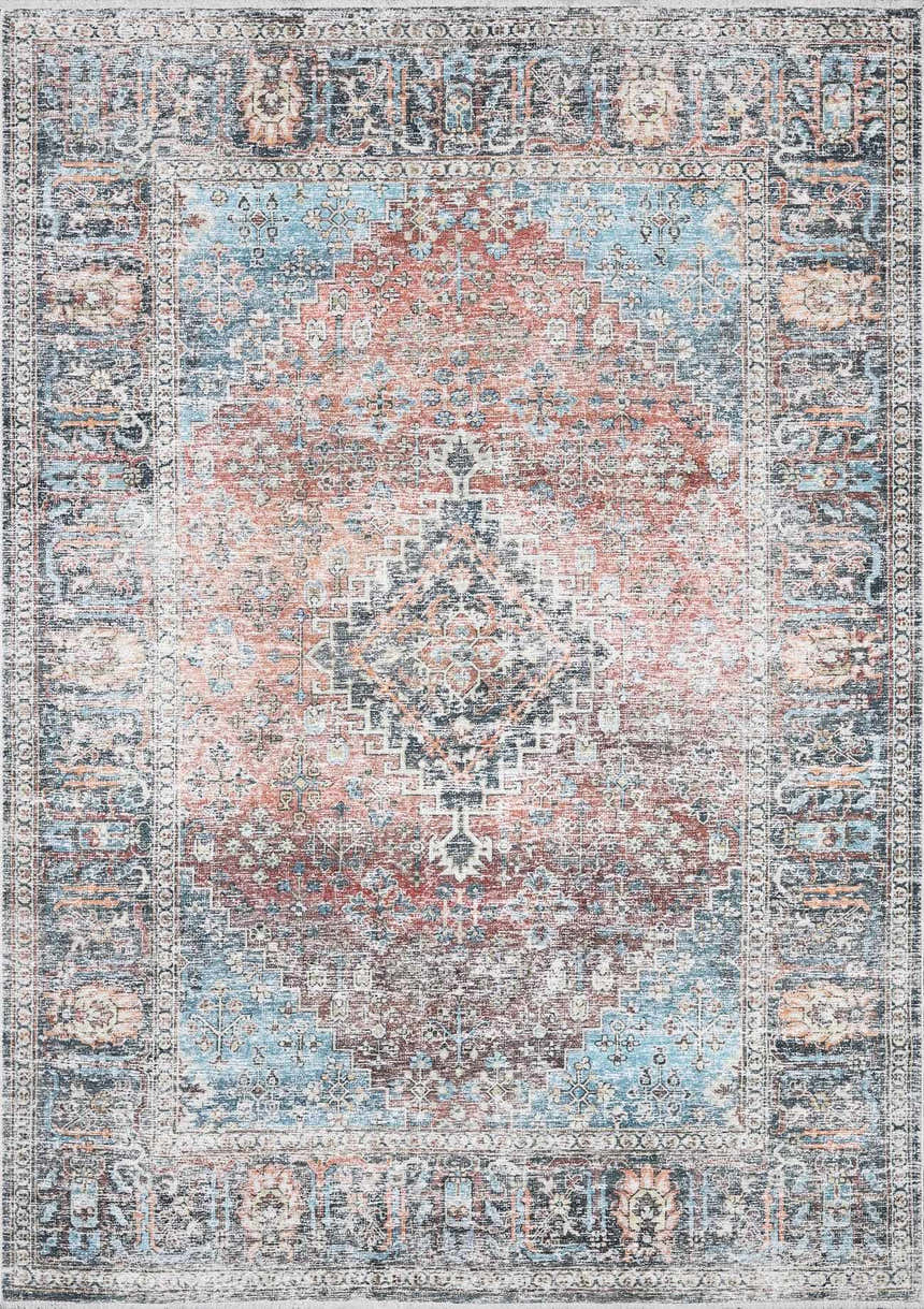 Detailed view of Blue Burgundy Holi-2302 Washable Area Rug, featuring a traditional Persian-style design with beige, blue and burgundy tones. Design-Rectangle-23