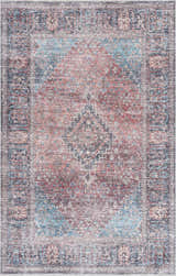 Detailed view of the Blue Burgundy Holi-2302 Washable Area Rug. Persian-style rug with beige, burgundy, and blue tones. Design-Rectangle-23