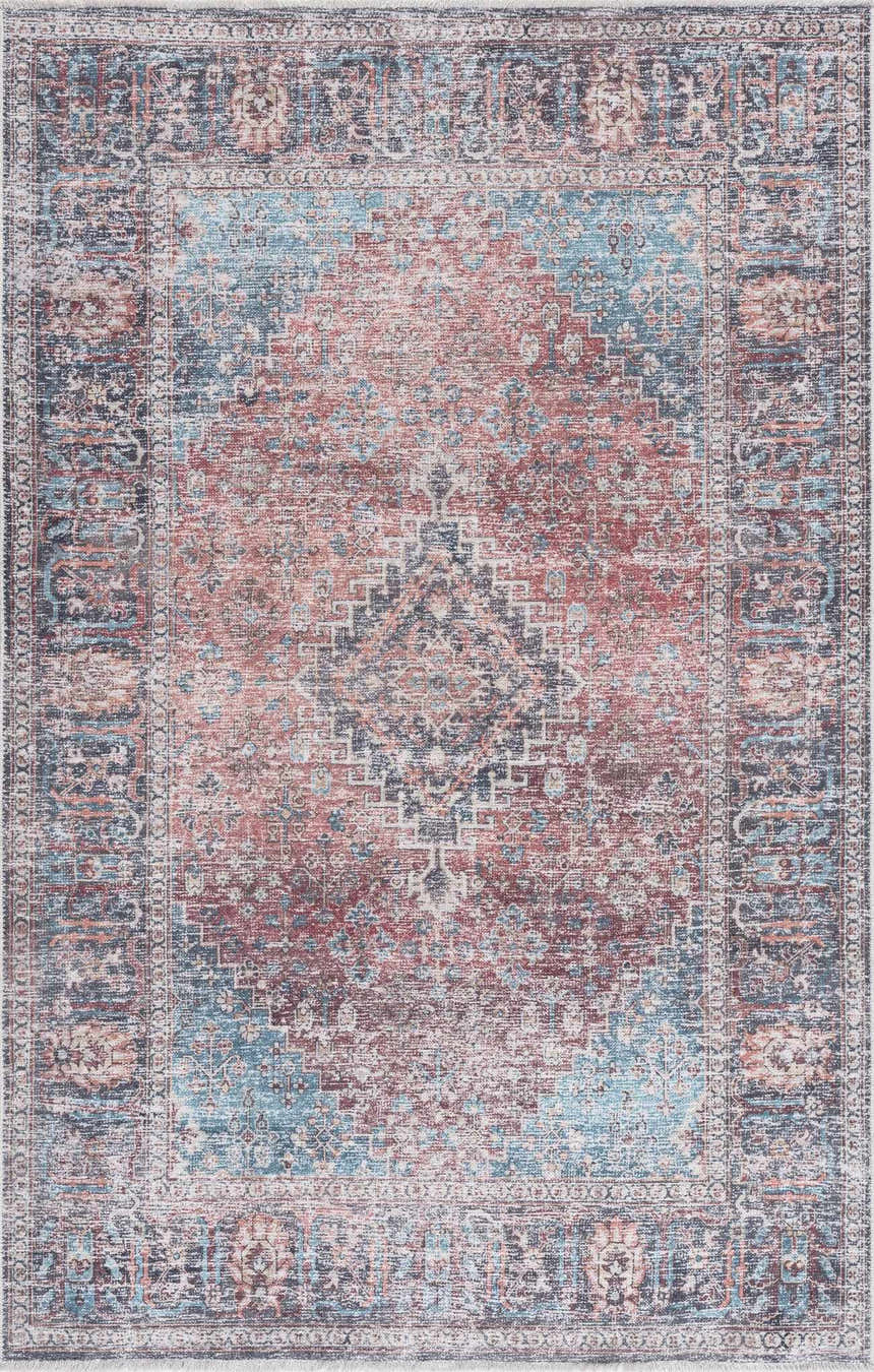 Detailed view of the Blue Burgundy Holi-2302 Washable Area Rug. Persian-style rug with beige, burgundy, and blue tones. Design-Rectangle-23