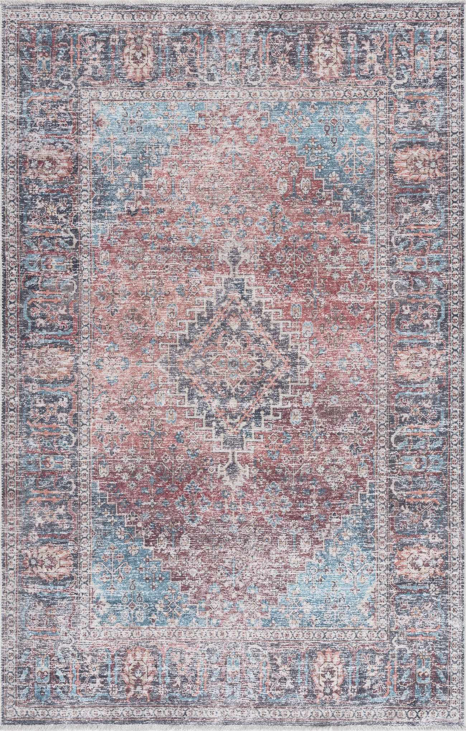 Detailed view of the Blue Burgundy Holi-2302 Washable Area Rug. Persian-style rug with beige, burgundy, and blue tones. Design-Rectangle-23