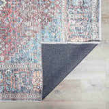 Close-up of Blue Burgundy Holi-2302 Washable Area Rug showing its traditional, vintage Persian design and non-slip backing. Fold