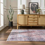 Living room scene with Blue Burgundy Holi-2302 Washable Area Rug, wood floors, and a mid-century modern cabinet. Roomscene-Rectangle