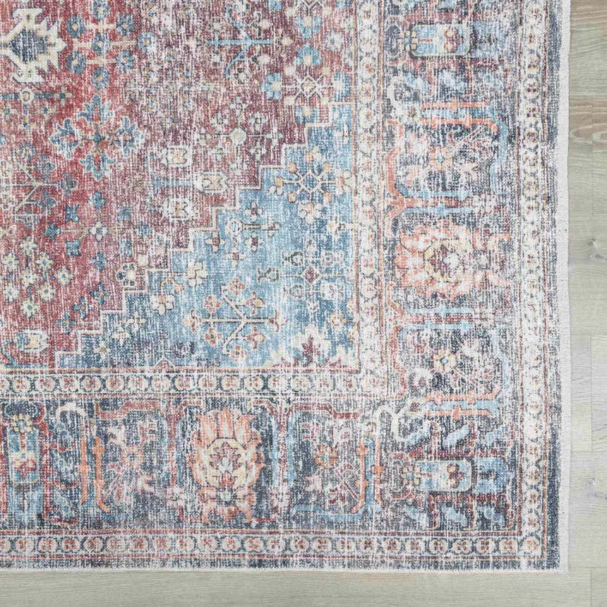 Close-up of the Blue Burgundy Holi-2302 Washable Area Rug, featuring a traditional Persian design in beige, blue, and burgundy. Swatch