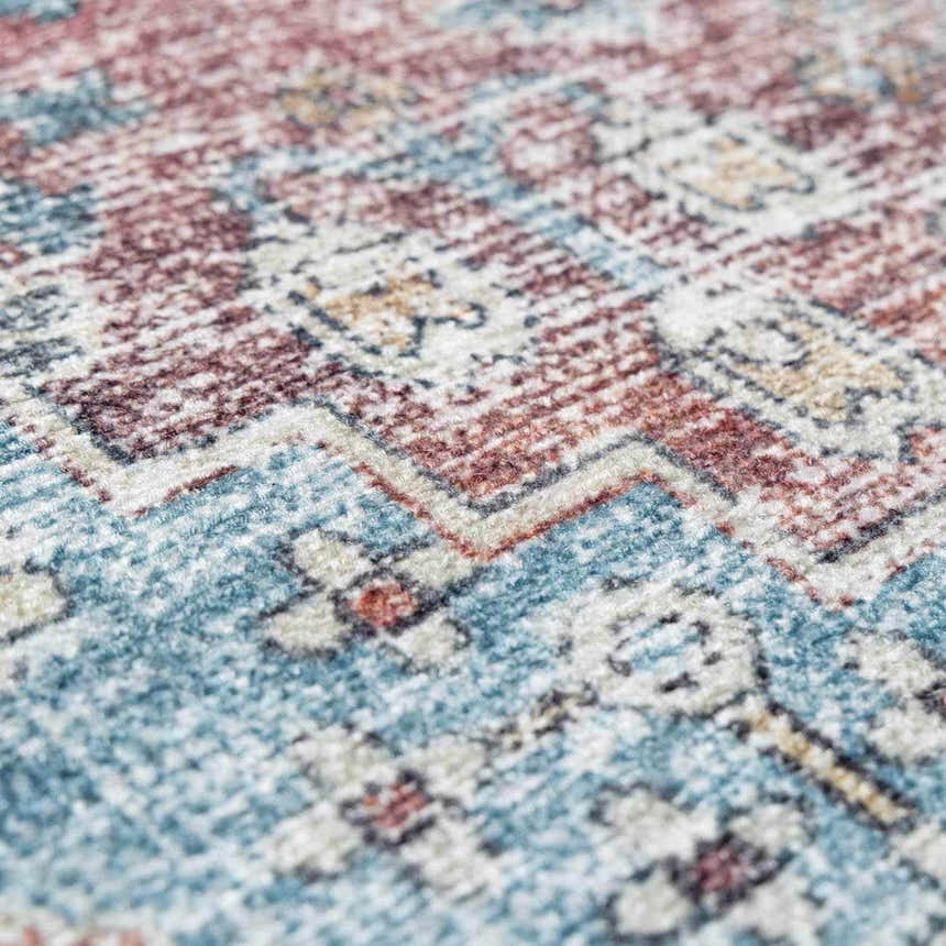 Close-up of the Blue Burgundy Holi-2302 Washable Area Rug, featuring a traditional Persian-style pattern and soft texture. Texture