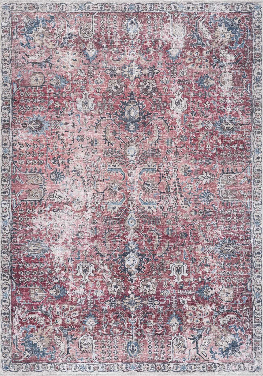 Detailed view of the Burgundy Holi-2303 Washable Area Rug. Features a traditional, vintage-inspired design in burgundy, cream, and beige tones. Design-Rectangle-23