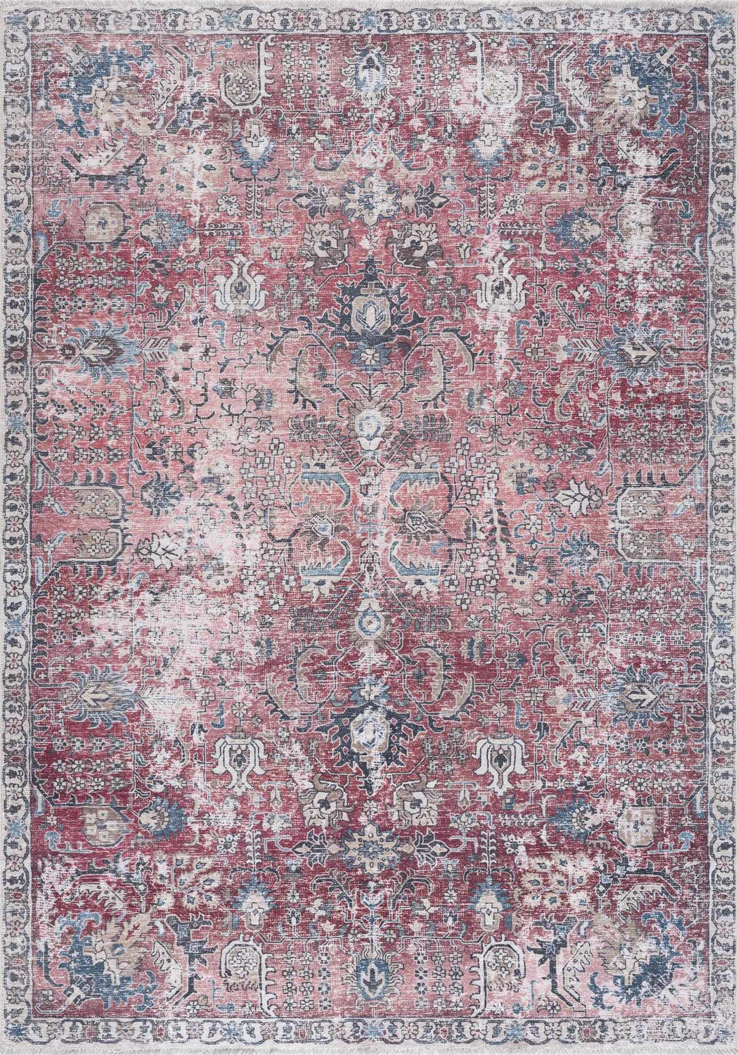 Detailed view of the Burgundy Holi-2303 Washable Area Rug. Features a traditional, vintage-inspired design in burgundy, cream, and beige tones. Design-Rectangle-23