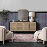 Living room scene with a Burgundy Holi-2303 Washable Area Rug, cream chairs, and a console table with a mirror. Roomscene-Rectangle