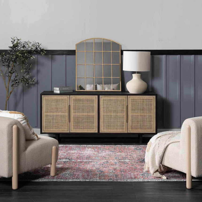 Living room scene with a Burgundy Holi-2303 Washable Area Rug, cream chairs, and a console table with a mirror. Roomscene-Rectangle
