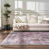 Living room scene with a Burgundy Holi-2303 Washable Area Rug, cream sofa, and potted tree for a cozy, vintage feel. Roomscene-Rectangle