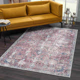 Living room scene with a mustard sofa and Burgundy Holi-2303 Washable Area Rug in burgundy, cream, and blue vintage pattern. Roomscene-Rectangle