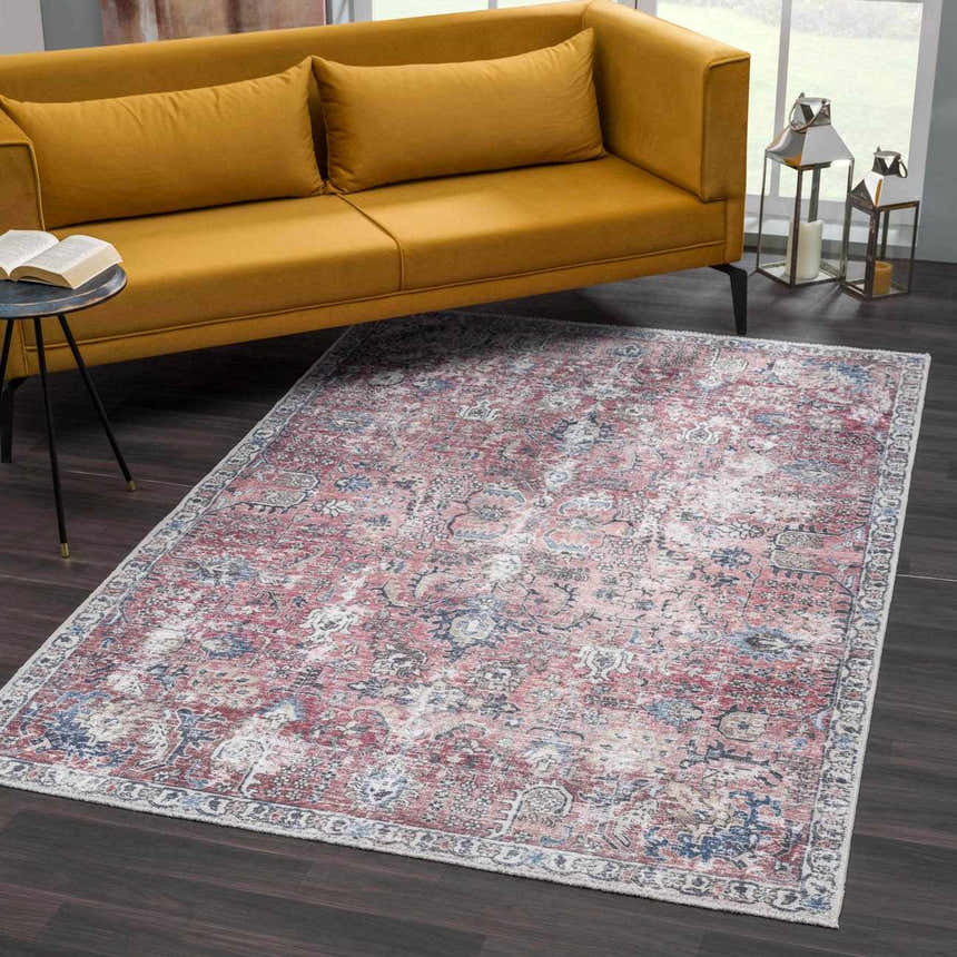 Living room scene with a mustard sofa and Burgundy Holi-2303 Washable Area Rug in burgundy, cream, and blue vintage pattern. Roomscene-Rectangle