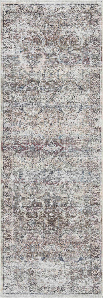 Close-up of Olive Holi-2304 Washable Area Rug. Vintage-style rug with cream, olive, and brown floral pattern. Design-Runner-2773