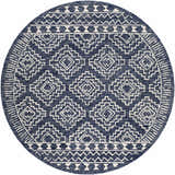 Round Horton Modern Wool Rug in navy and ivory with a geometric, bohemian-inspired pattern. Design-Round-6