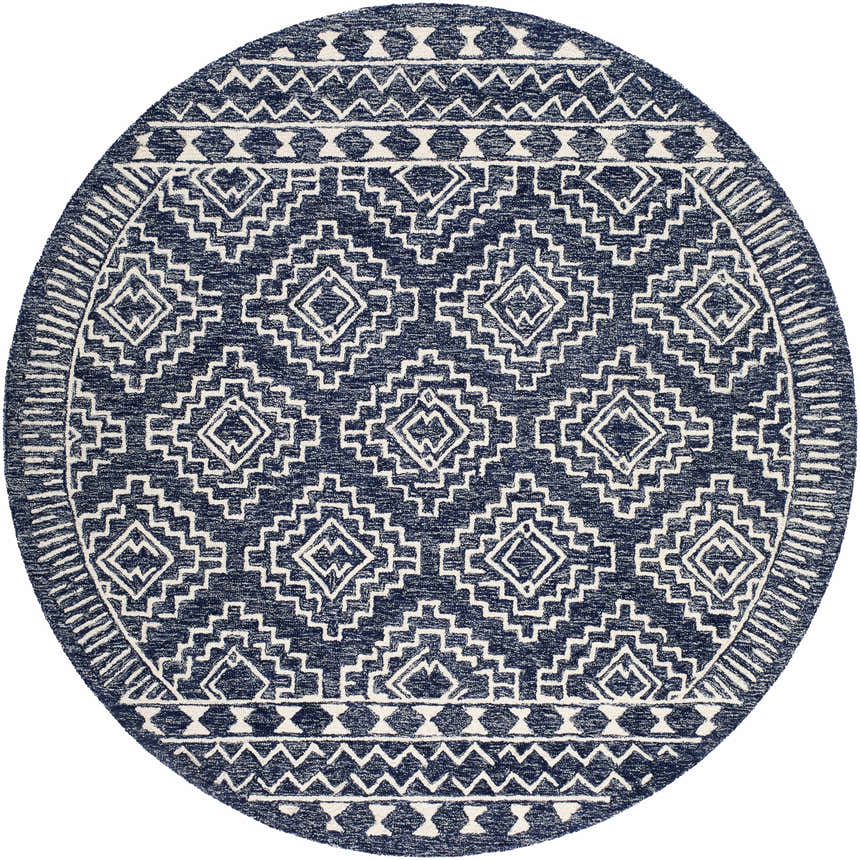 Round Horton Modern Wool Rug in navy and ivory with a geometric, bohemian-inspired pattern. Design-Round-6