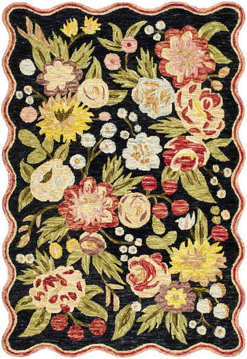 Close-up of the Alodia Area Rug, a hand-tufted wool rug with a black background and a colorful floral pattern. Design-Rectangle-576