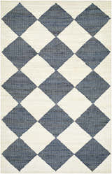Close-up of the hand-woven Andrin Gray Area Rug. Beige and steel gray jute rug with a checkered diamond pattern. Design-Rectangle-576