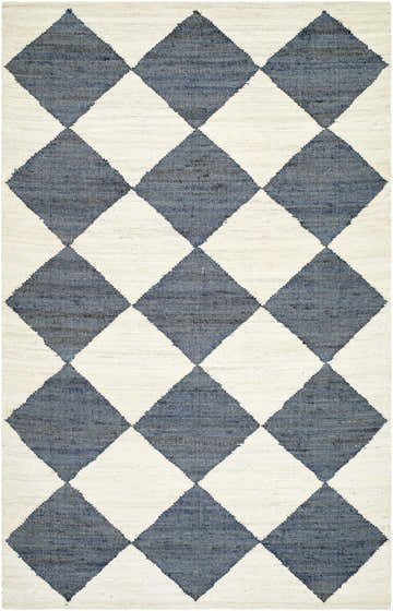 Close-up of the hand-woven Andrin Gray Area Rug. Beige and steel gray jute rug with a checkered diamond pattern. Design-Rectangle-576