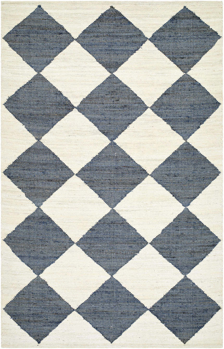 Close-up of the hand-woven Andrin Gray Area Rug. Beige and steel gray jute rug with a checkered diamond pattern. Design-Rectangle-576