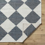 Close-up of the hand woven Andrin Gray Area Rug. Beige and steel gray checkered pattern made of 100% jute. Fold