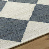 Close-up of the hand woven Andrin Gray Area Rug. Beige and steel gray jute rug with a checkered pattern. Texture