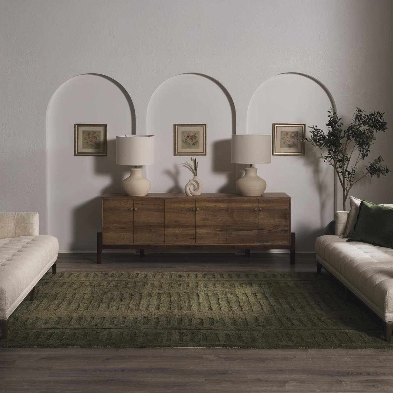 Living room scene with a green Washable Wool Rug, beige sofas, and a wood console table. Roomscene-Rectangle