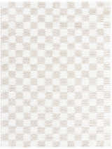 Close-up of the Ardice Area Rug, a shag rug with a checkered pattern in ivory and peach polyester. Design-Rectangle-537