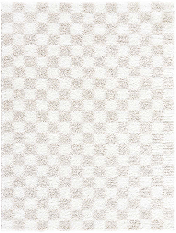 Close-up of the Ardice Area Rug, a shag rug with a checkered pattern in ivory and peach polyester. Design-Rectangle-537