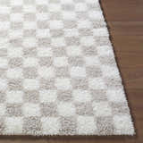 Close up of the Ardice Area Rug featuring an ivory and peach checkerboard shag design. Front