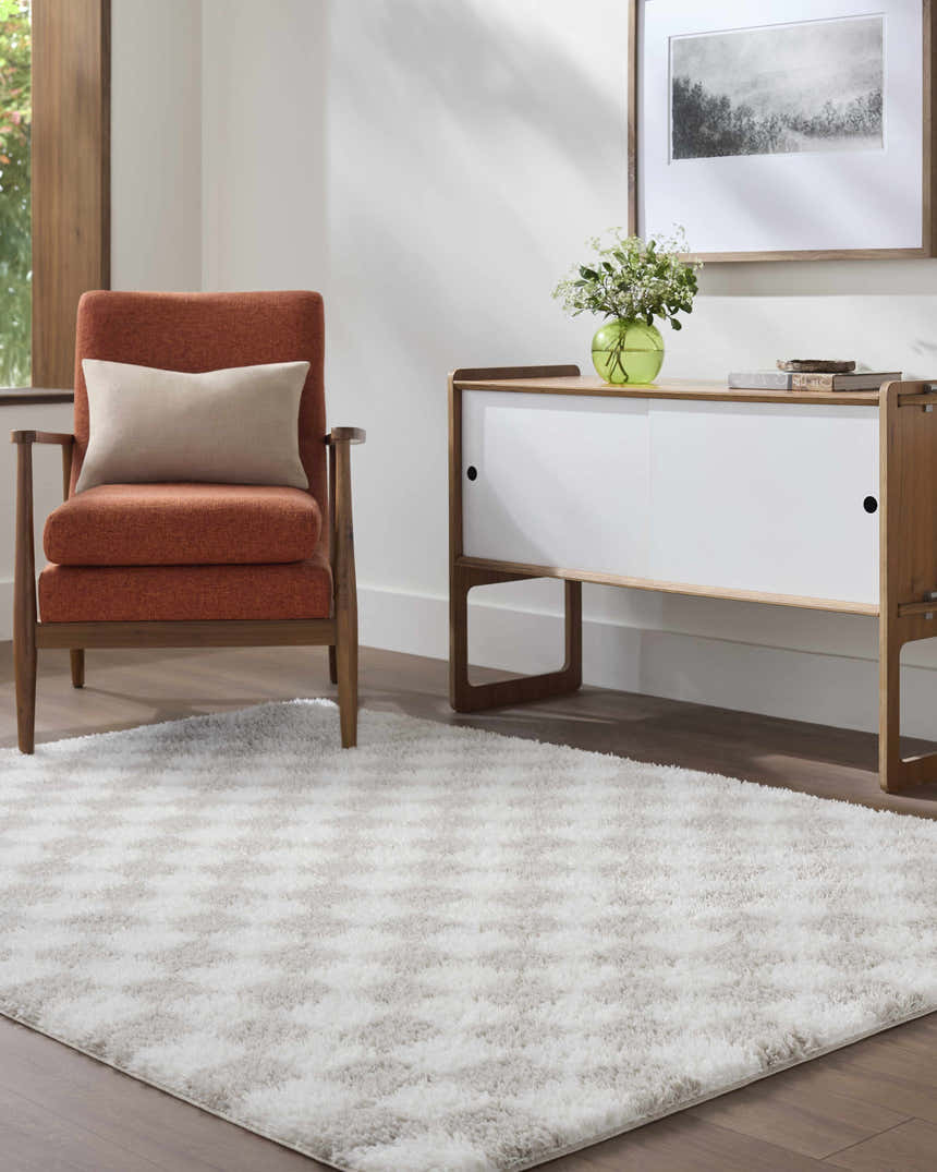 Living room scene with ivory Ardice Area Rug, peach chair, and mid-century modern cabinet. Soft, contemporary style. Roomscene-Rectangle