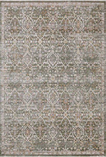Close-up of the Galey Alix x Livabliss Myrtle Avenue Area Rug, showcasing its olive, cream, and brown vintage oriental pattern. Design-Rectangle