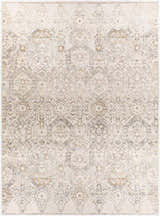 Close-up of the New Parkerfield Area Rug. Beige, gray, charcoal, and mustard traditional vintage pattern. Design-Rectangle